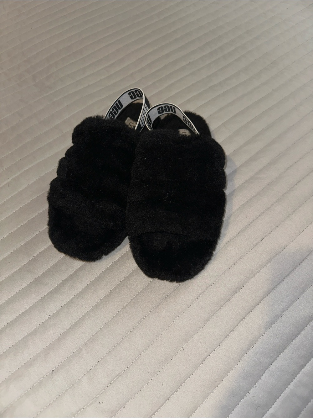 Women Black Fuzzy Slide Sandals with Logo Slingback